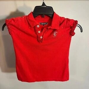 Ferrari Girls Red Ruffle Polo Shirt Rhinestone Logo Short Sleeve Size 5/6Y Italy